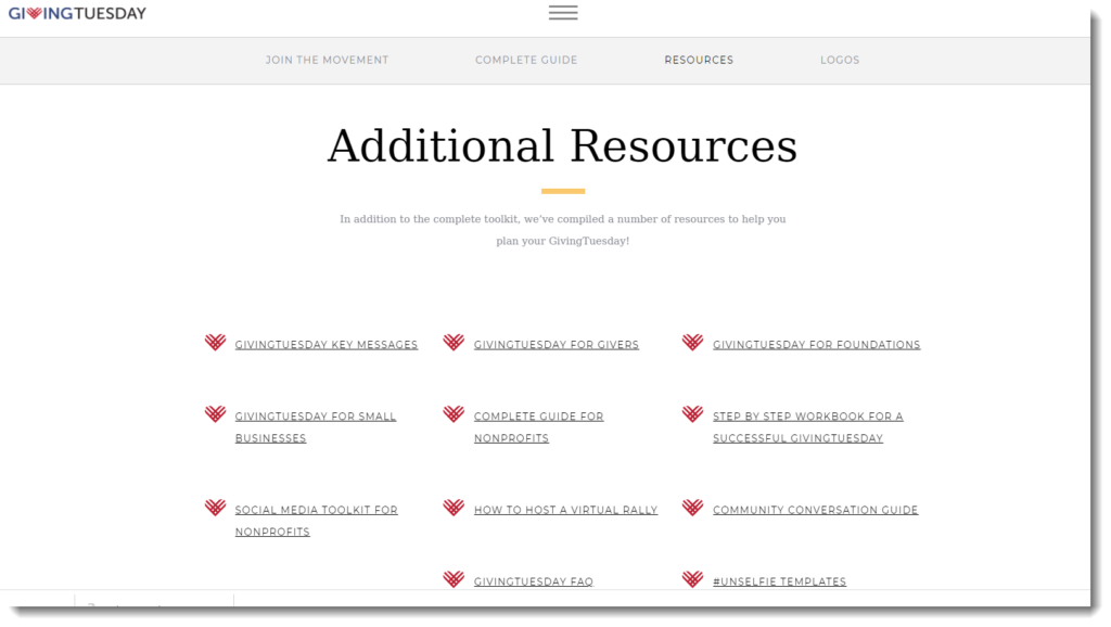 Screenshot kostenlose Downloads auf der Giving Tuesday Website