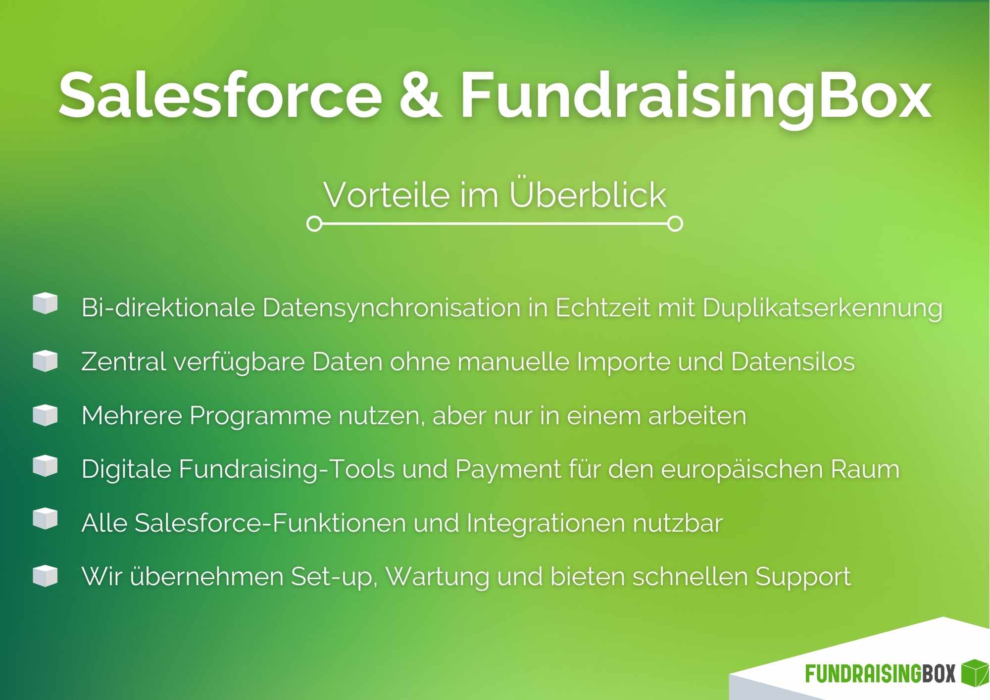 Aufzählung der Vorteile der FundraisingBox für Salesforce