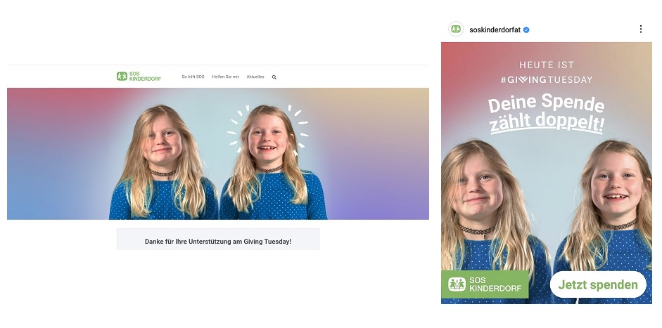 Zwillingsmädchen repräsentieren das Motto "Spende verdoppeln" für den Giving Tuesday des SOS-Kinderdorfs Österreich.