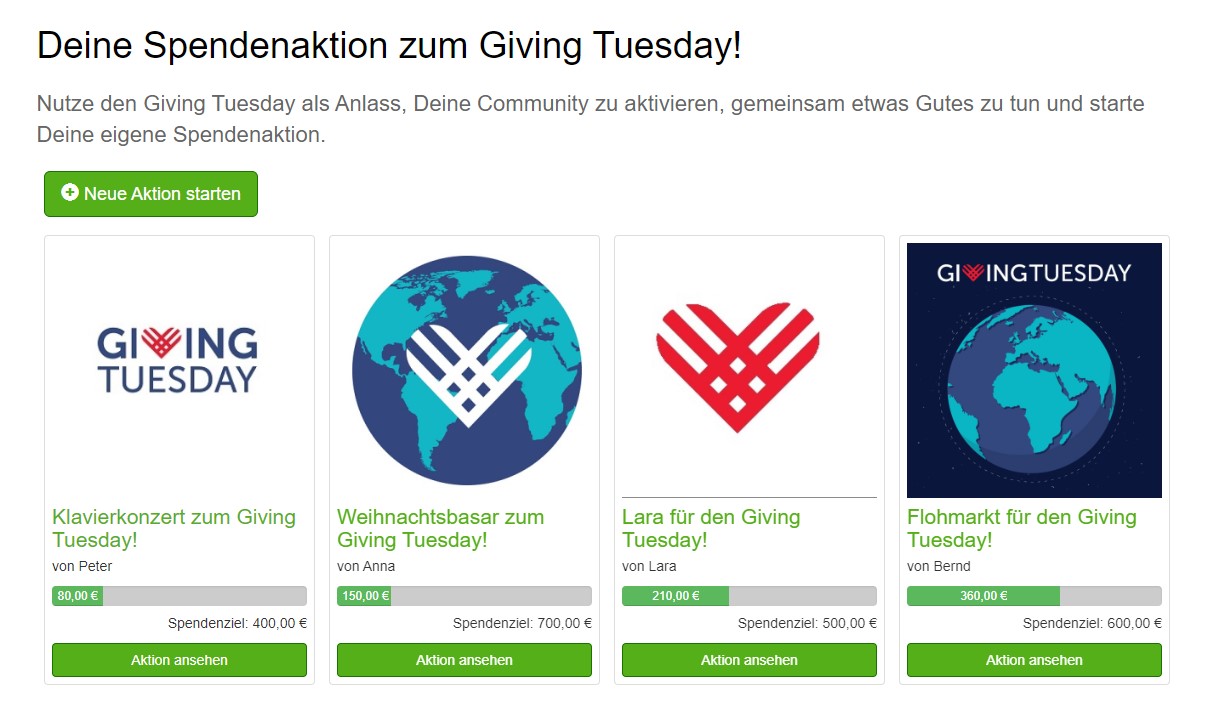 Spendenaktionstool befüllt mit drei Spendenaktionen zum Giving Tuesday