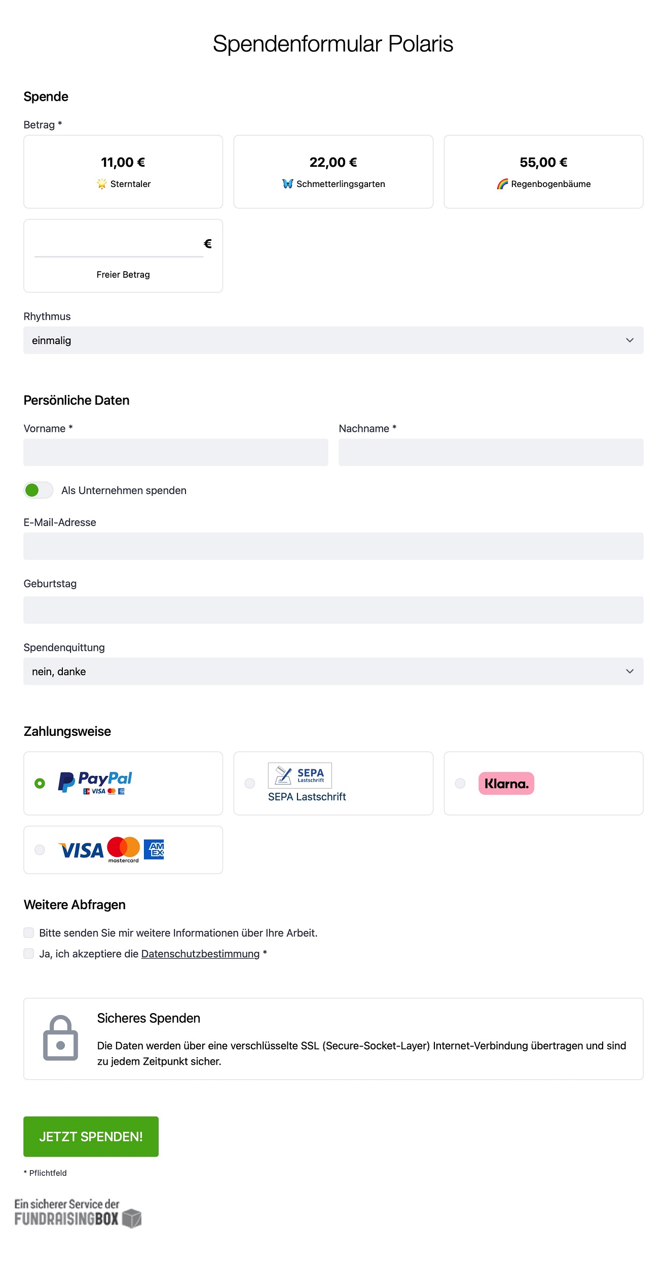 Ansicht des Spendenformulars Polaris der FundraisingBox