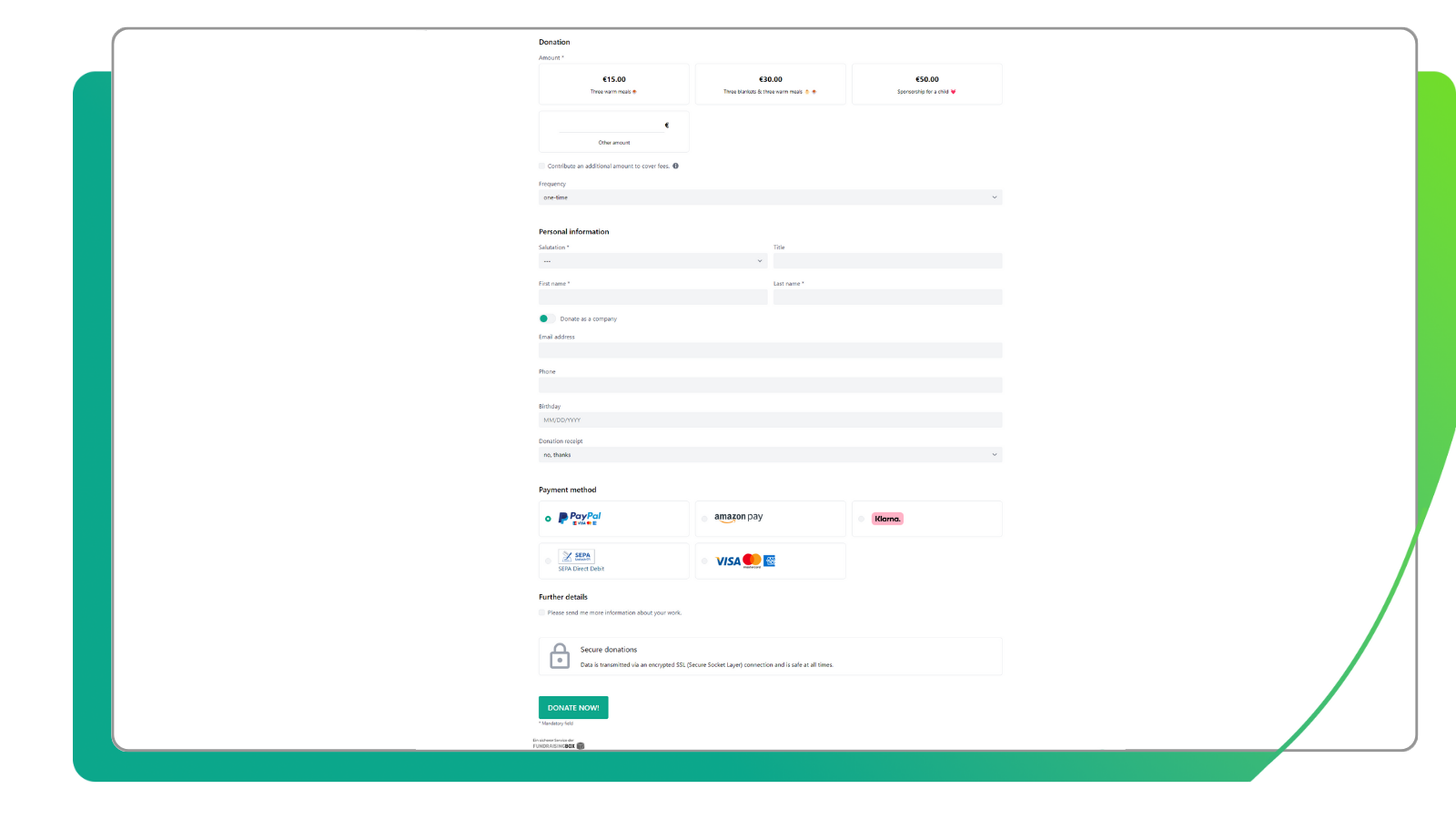 Donation form FundraisingBox collect donations easily